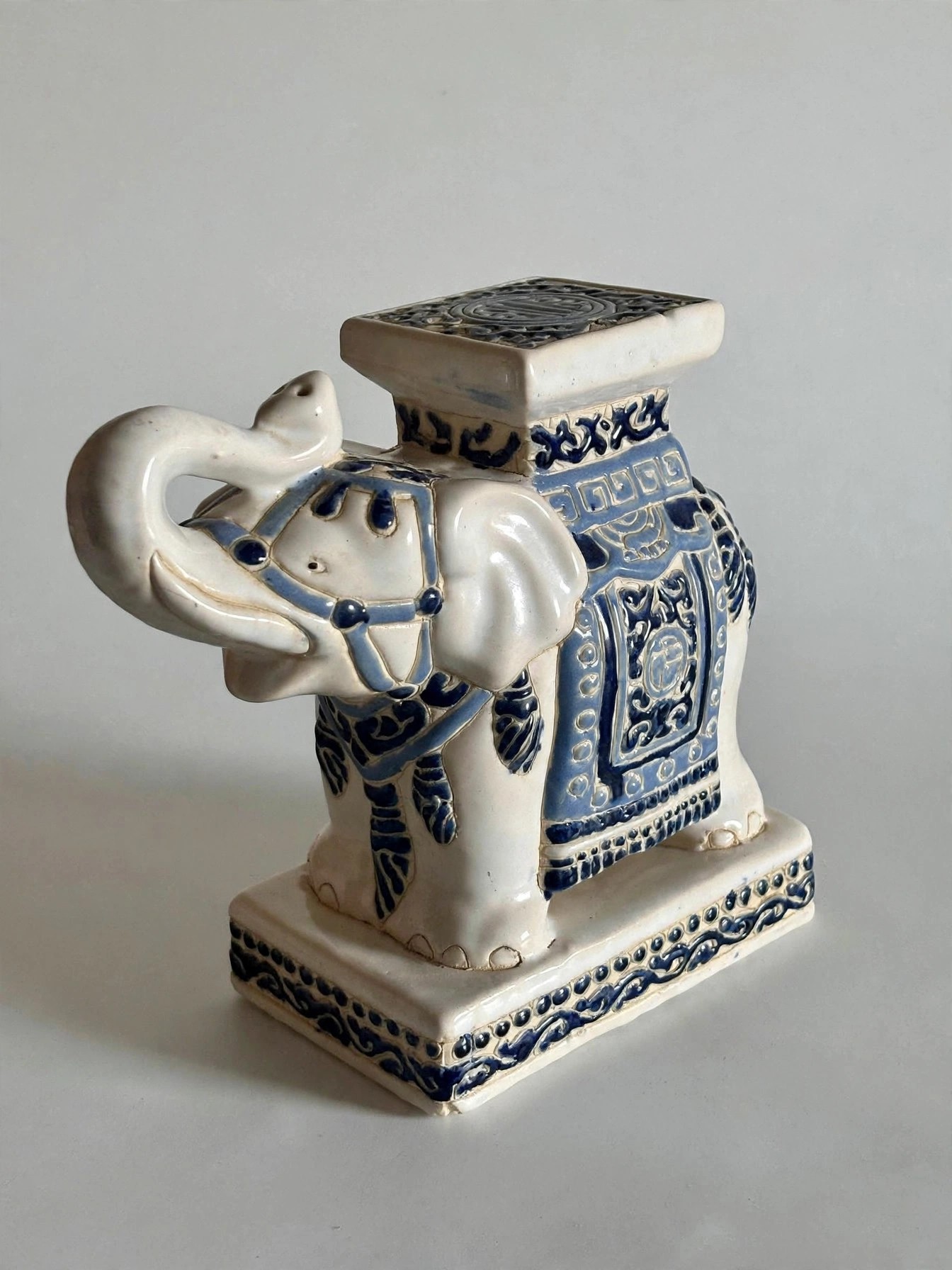 Vintage Blue White Ceramic Elephant Stool Figurine 8in
