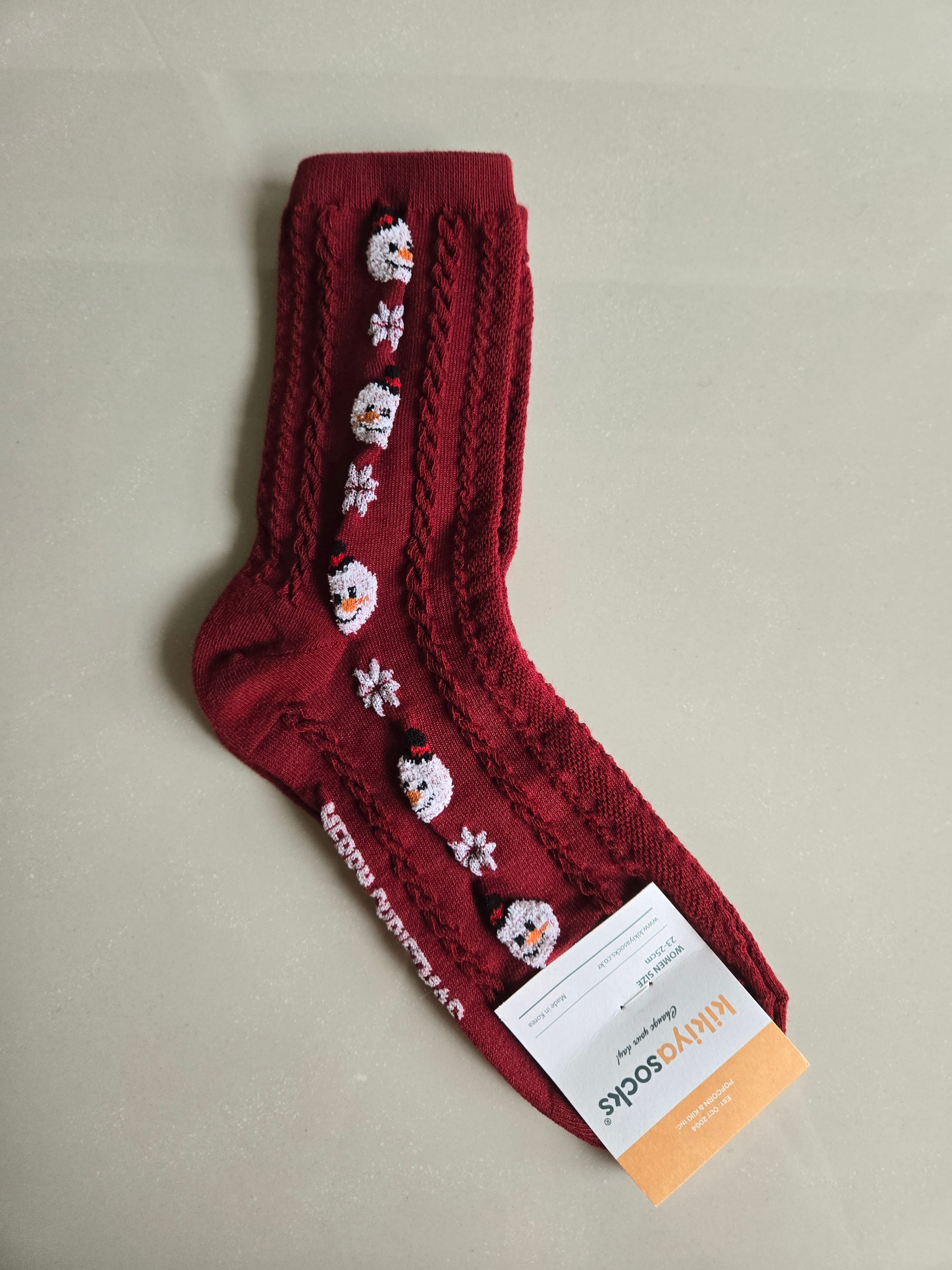 Korean Cute Snowman Snowflake Christmas Wine Red Socks