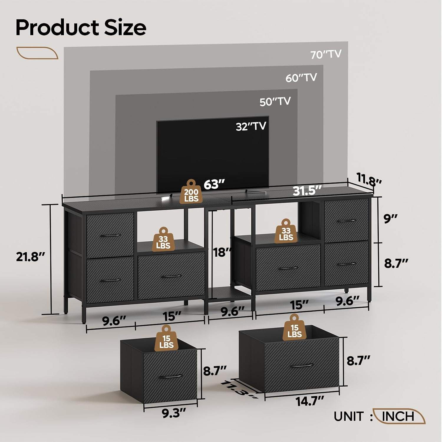 estier 63" TV Stand – Black Carbon Fiber (Fits 65–75" TVs) - photo 2