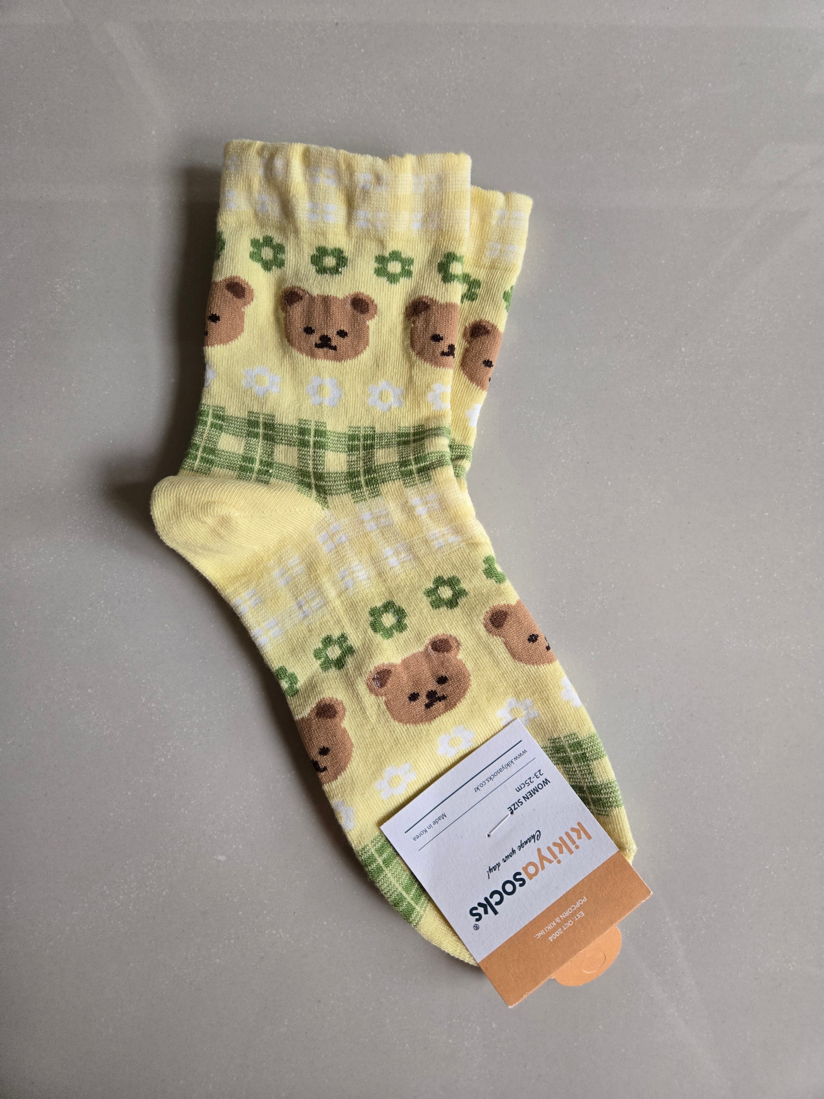 Korean Cute Bear Yellow Socks Green Flower