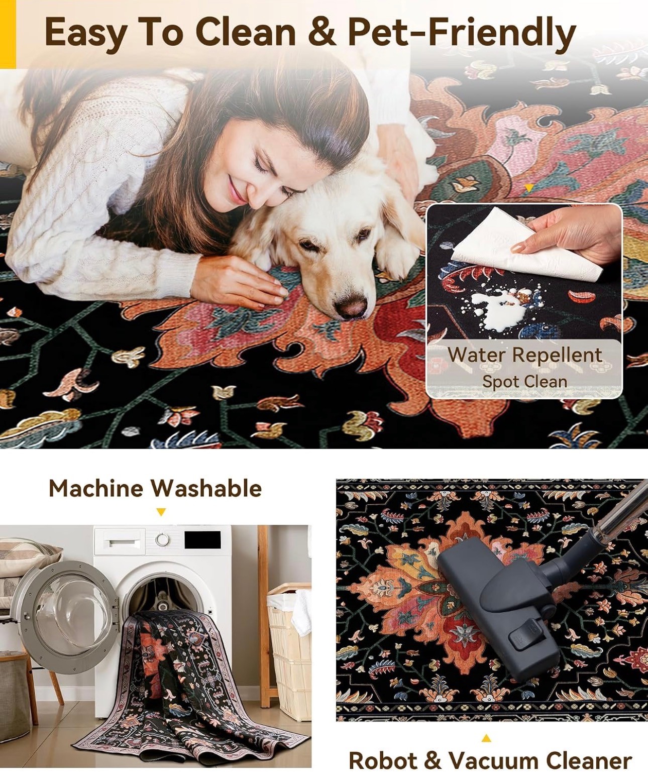 RELEANY Area Rug 8x10' Floral Washable Soft Print Black Colorful - photo 4