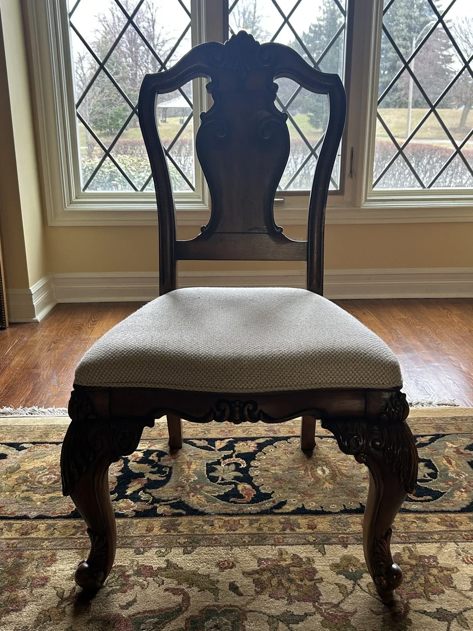 Ornate Carved Wood Dining Chair w/ Upholstered Seat