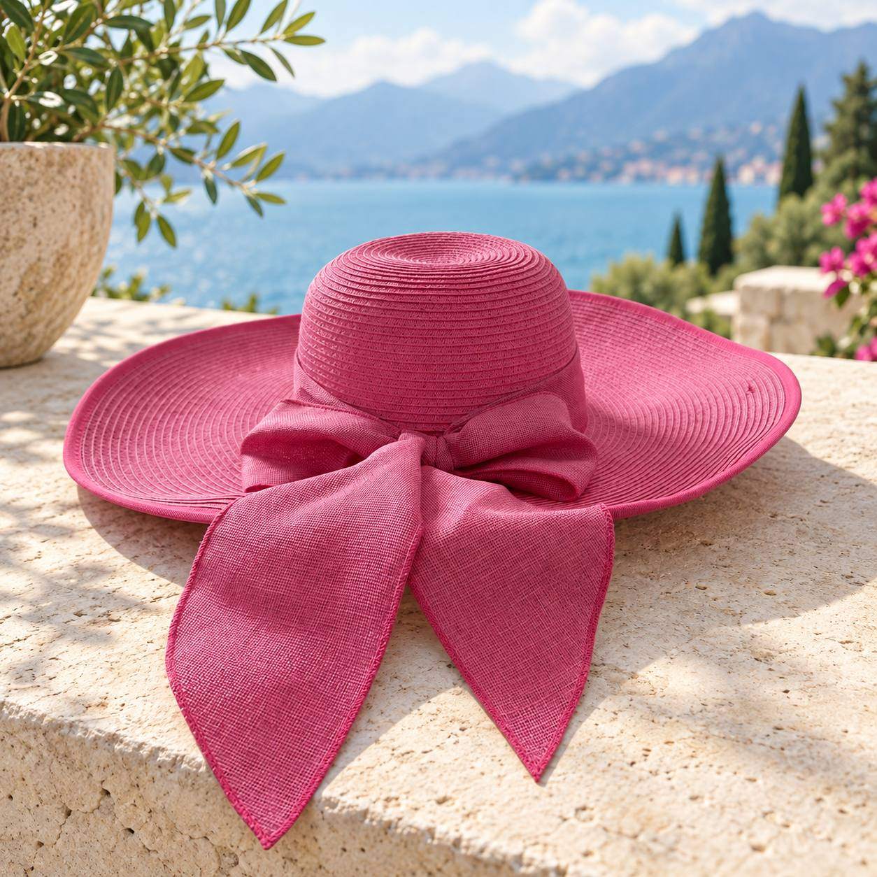 Pink Wide-Brimmed Sun Hat with Bow