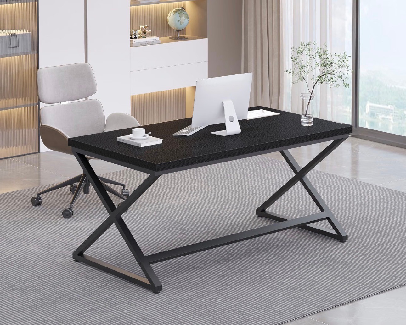 Black Modern Desk Wood Metal Workstation Black Oak, 55" - photo 3