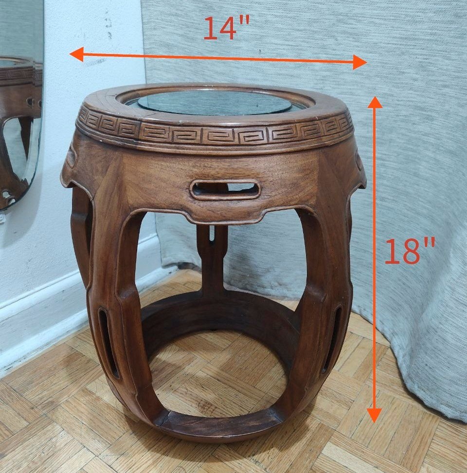 Vintage Chinese Carved Hardwood Drum Stool with Green Marble Top