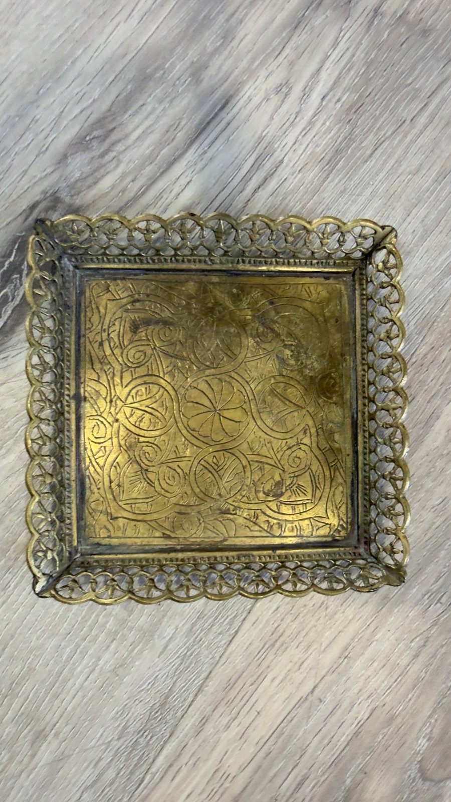 Small Vintage Brass Tray – Etched Square Filigree Vanity Tray