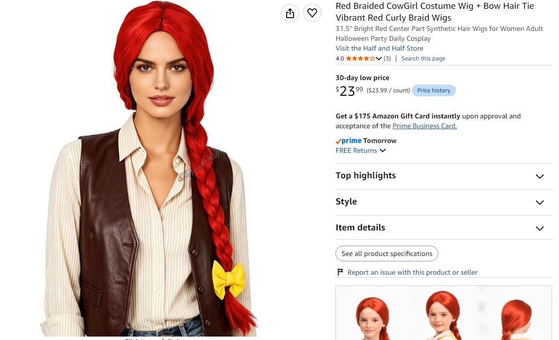 NEW~ Red Braided Cowgirl Costume Wig + Bow Hair Tie - photo 4
