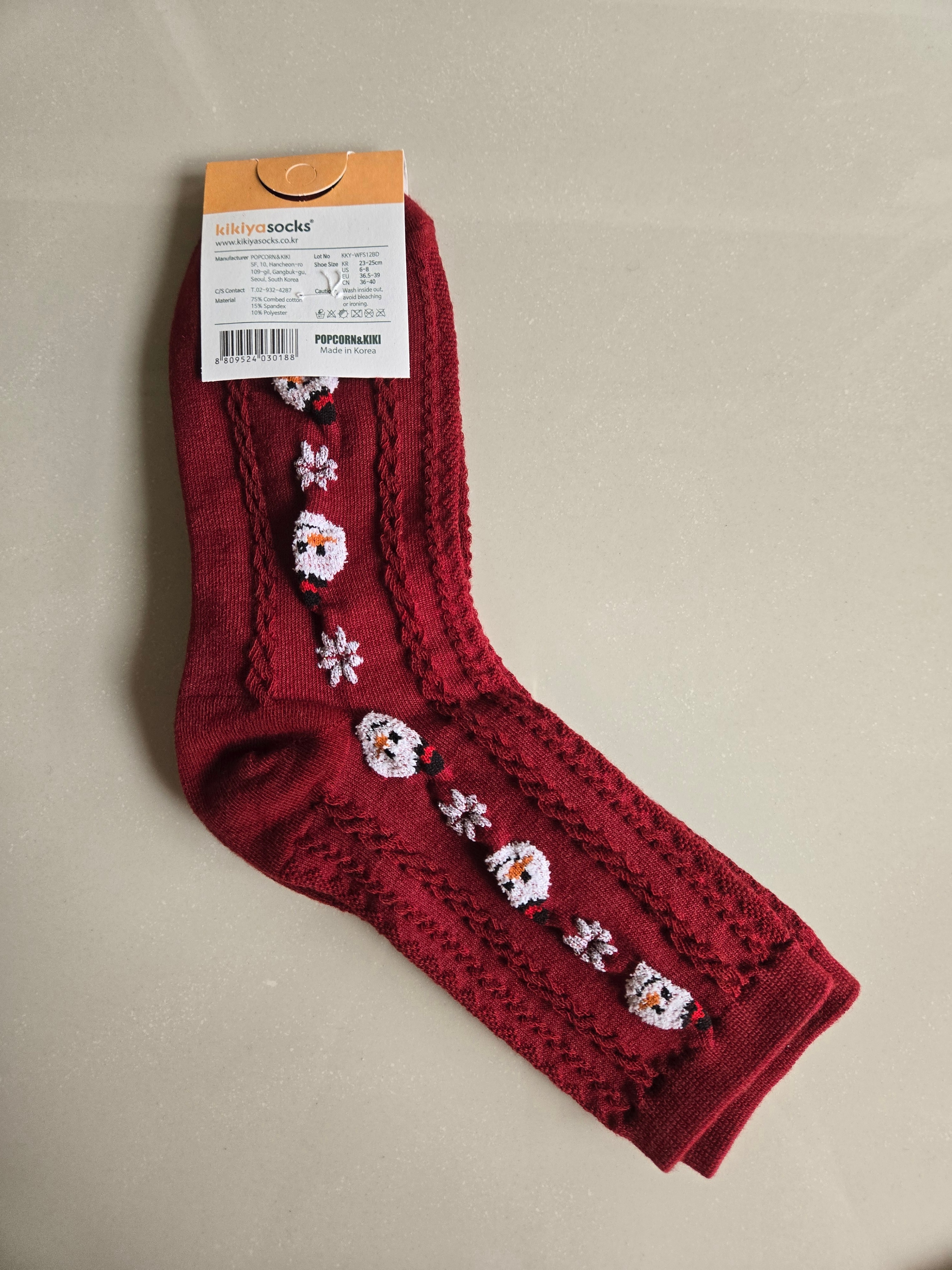 Korean Cute Snowman Snowflake Christmas Wine Red Socks - photo 4