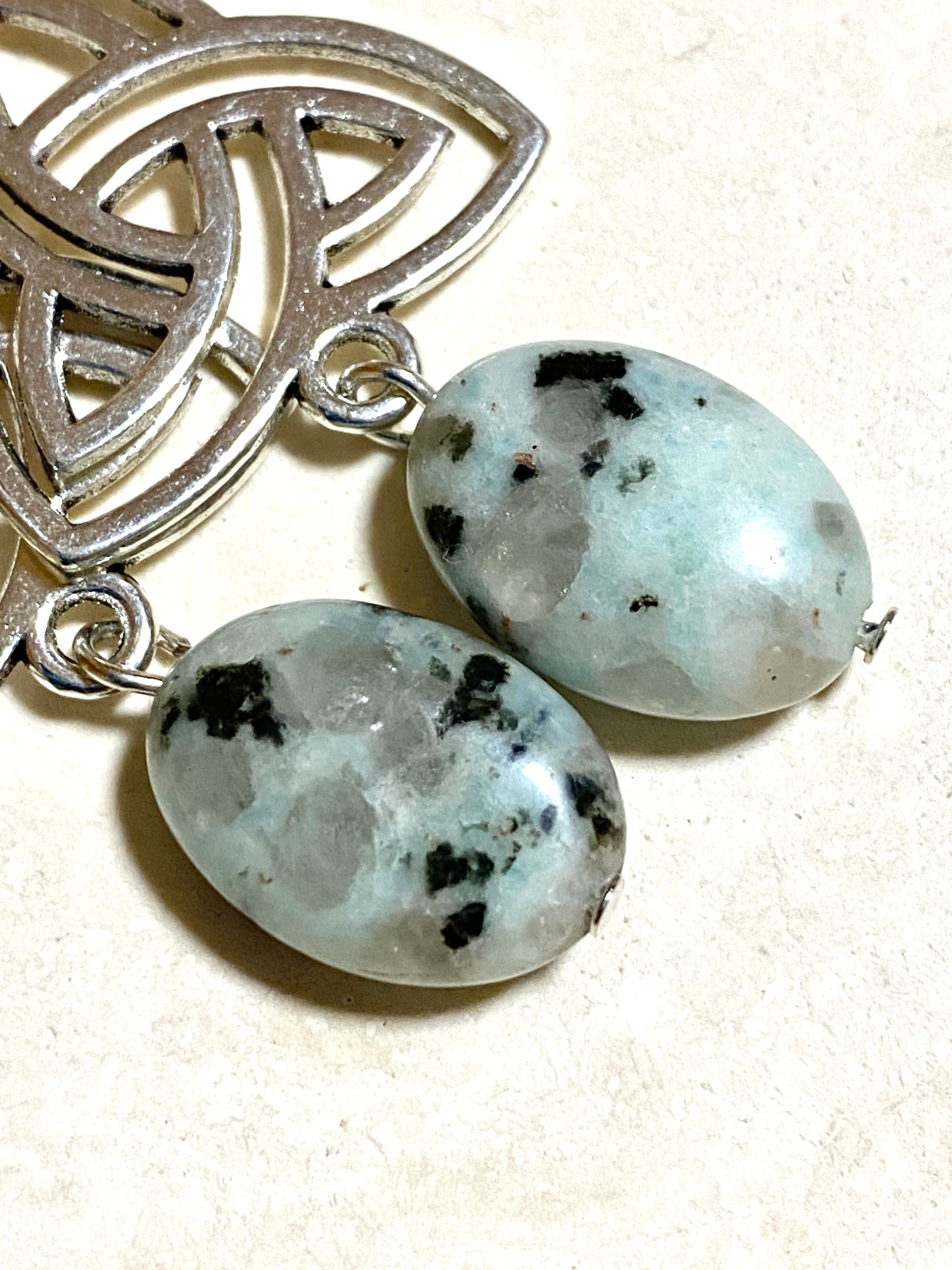 Light Teal Kiwi Jasper Triqueta Earrings, Sterling Silver Hook - photo 3