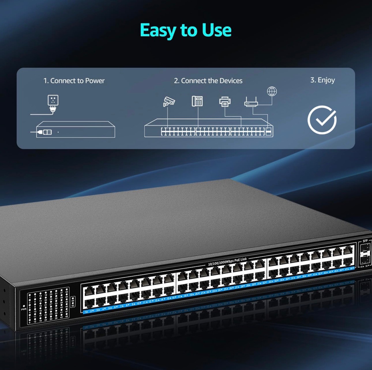 Ethernet Switch 48 Port Gigabit PoE Switch IEEE802.3af/at 2x1G S - photo 3