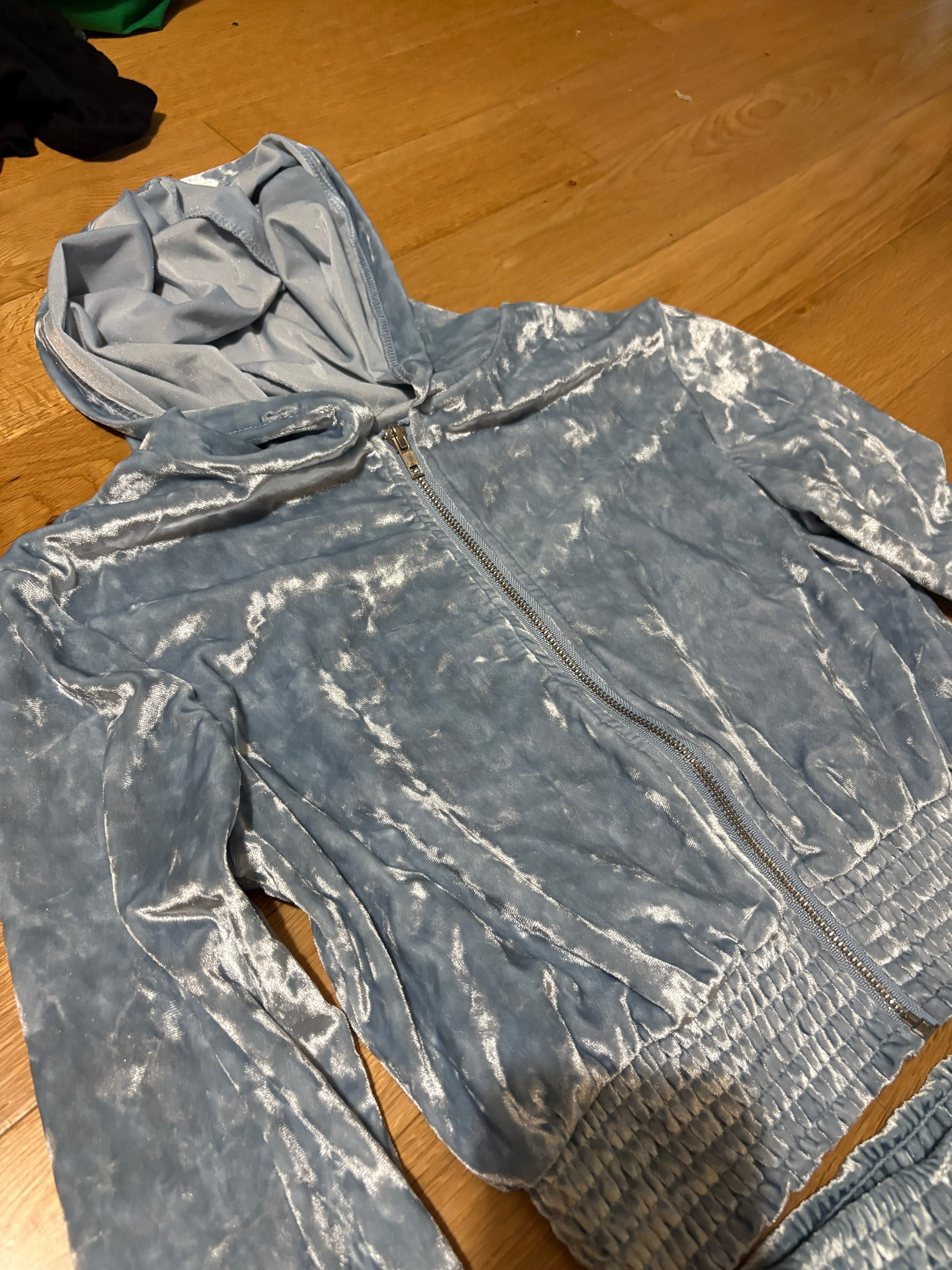 Pastel blue velour track suit with cropped hoodie