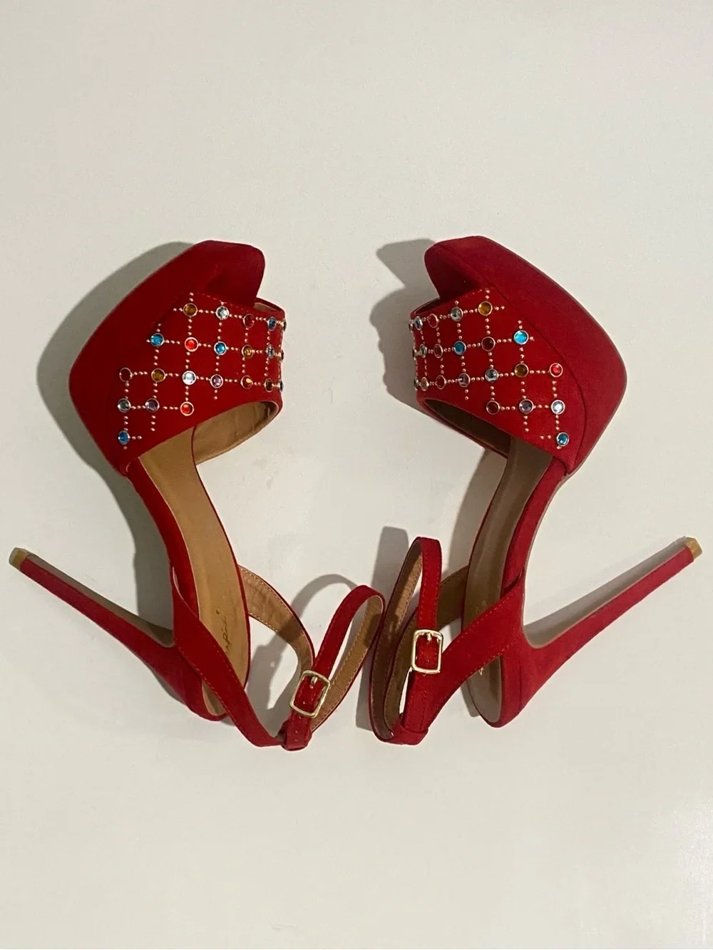 Qupid Women's 8.5 Red Rhinestone Studded Platform Heels - photo 5