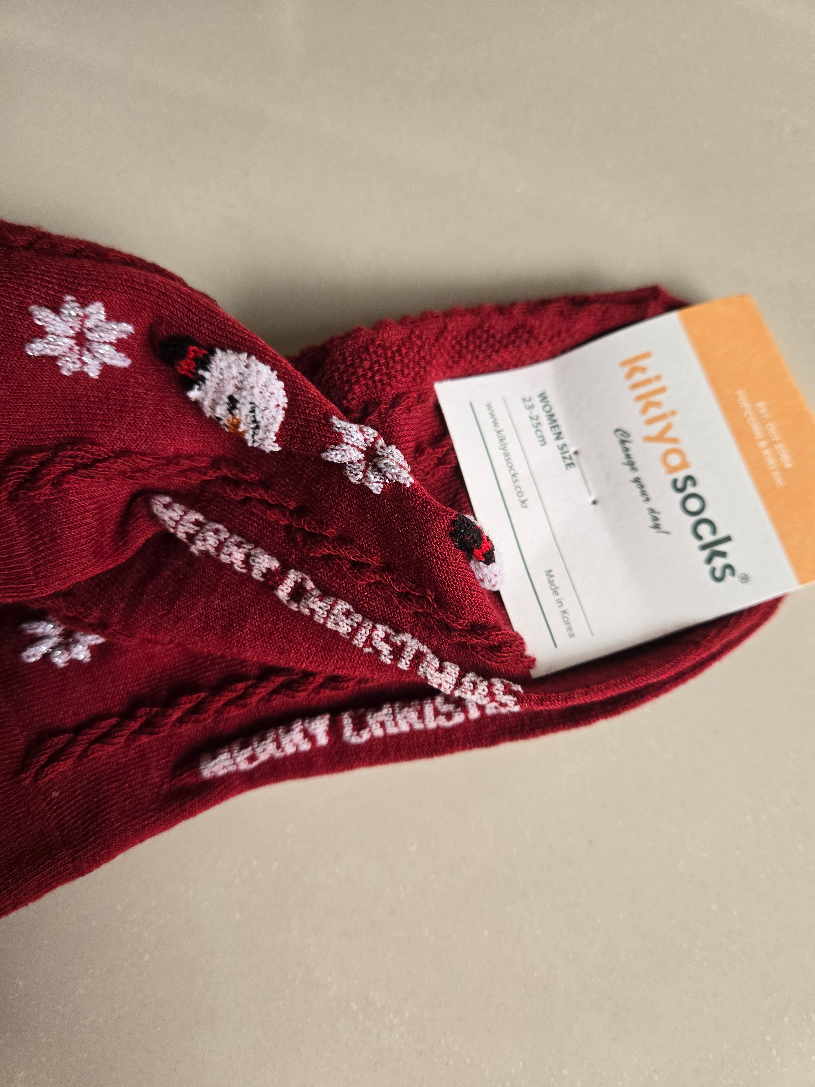 Korean Cute Snowman Snowflake Christmas Wine Red Socks - photo 3