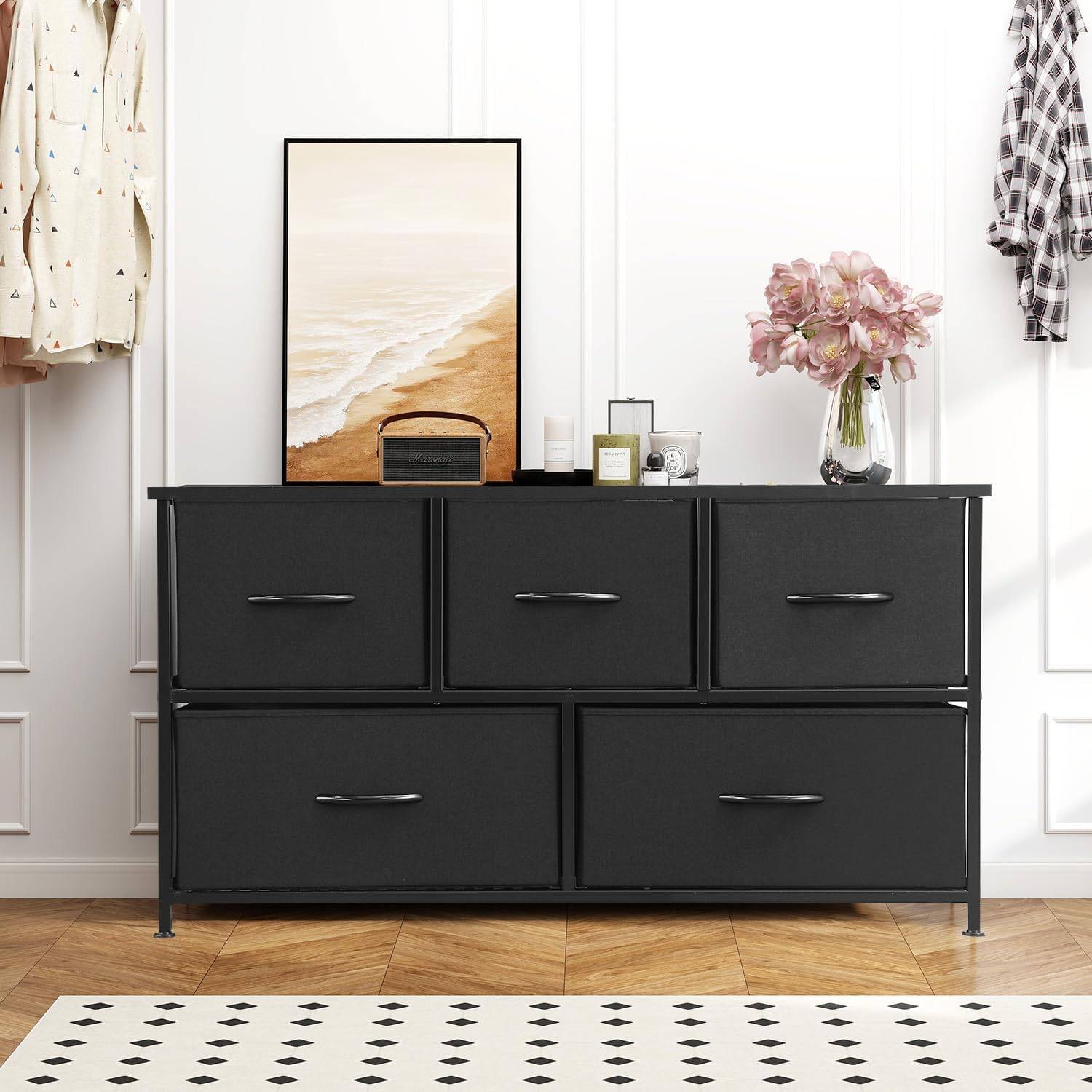 5‐Drawer Fabric Storage Organizer (Black Fabric + Wooden Top)