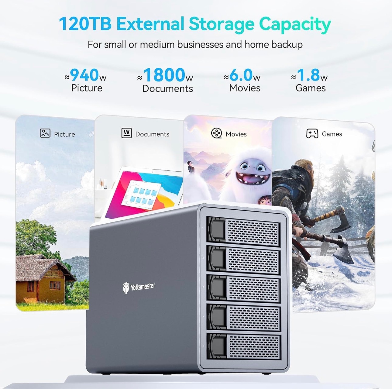 5 Bay Hard Drive Enclosure 10Gbps Type-C External 360TB Support - photo 3