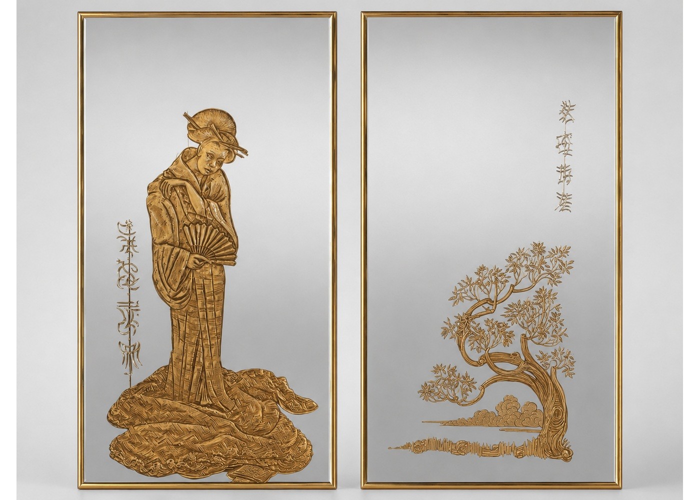 Pair of Asian-Style Etched Mirrors