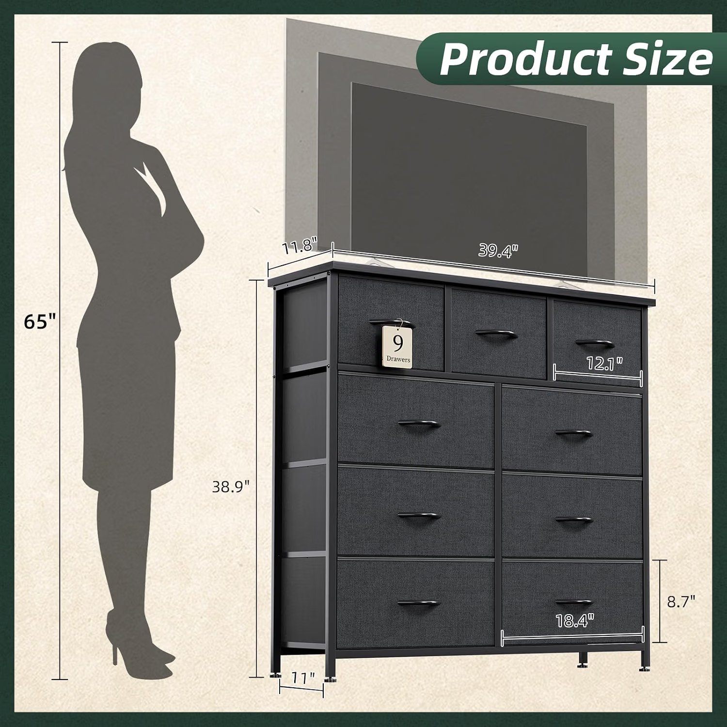 MUTUN 9 Drawer Dresser, Black Fabric, Steel Frame, Wood Top - photo 3