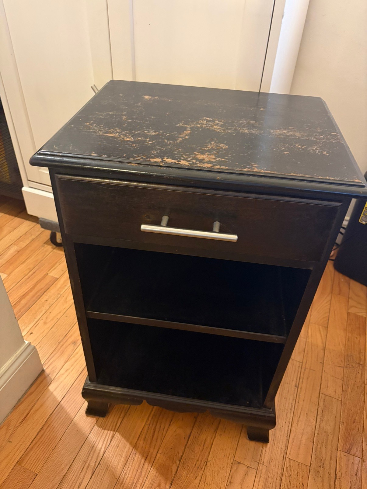 Black Wooden Nightstand with Drawer and Open Shelves