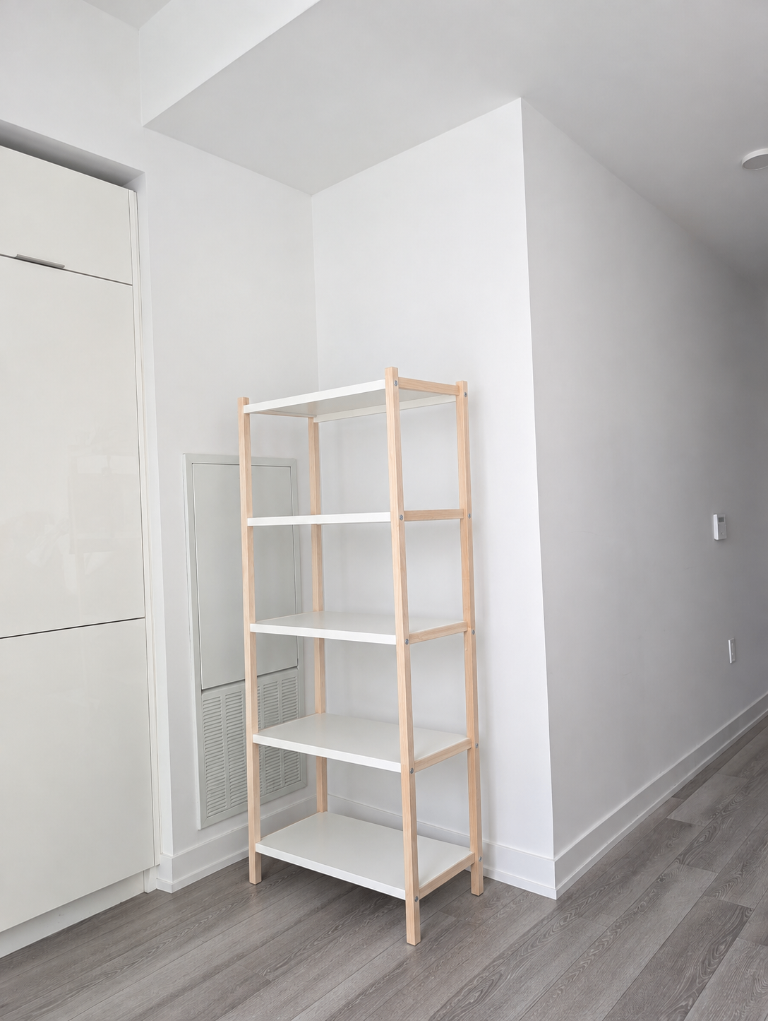 5-Tier White & Natural Wood-Look Shelf – Moving Sale