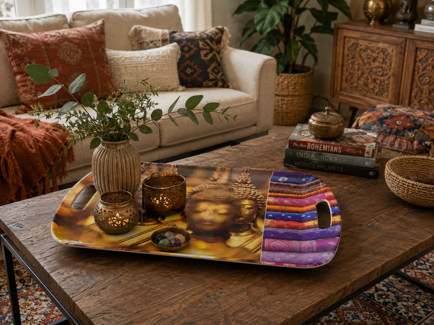Golden Buddha & Sari Stripe Decorative Serving Tray - photo 3