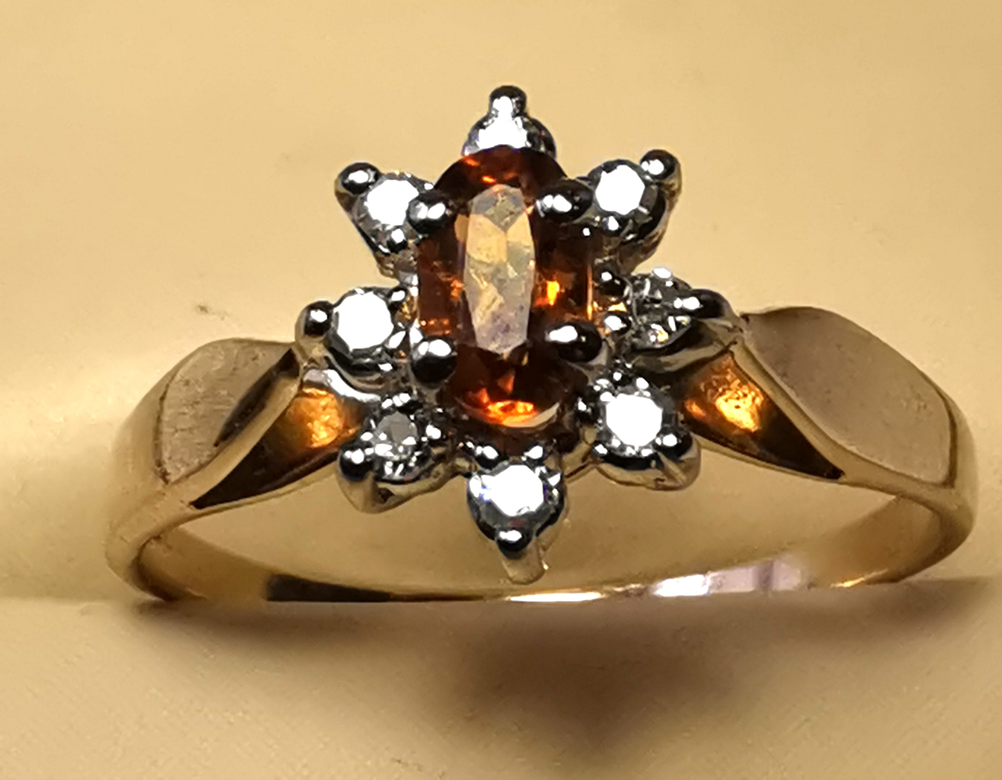 14K Gold Citrine Diamond Halo Ring Size 5.5 SLJ 1980s
