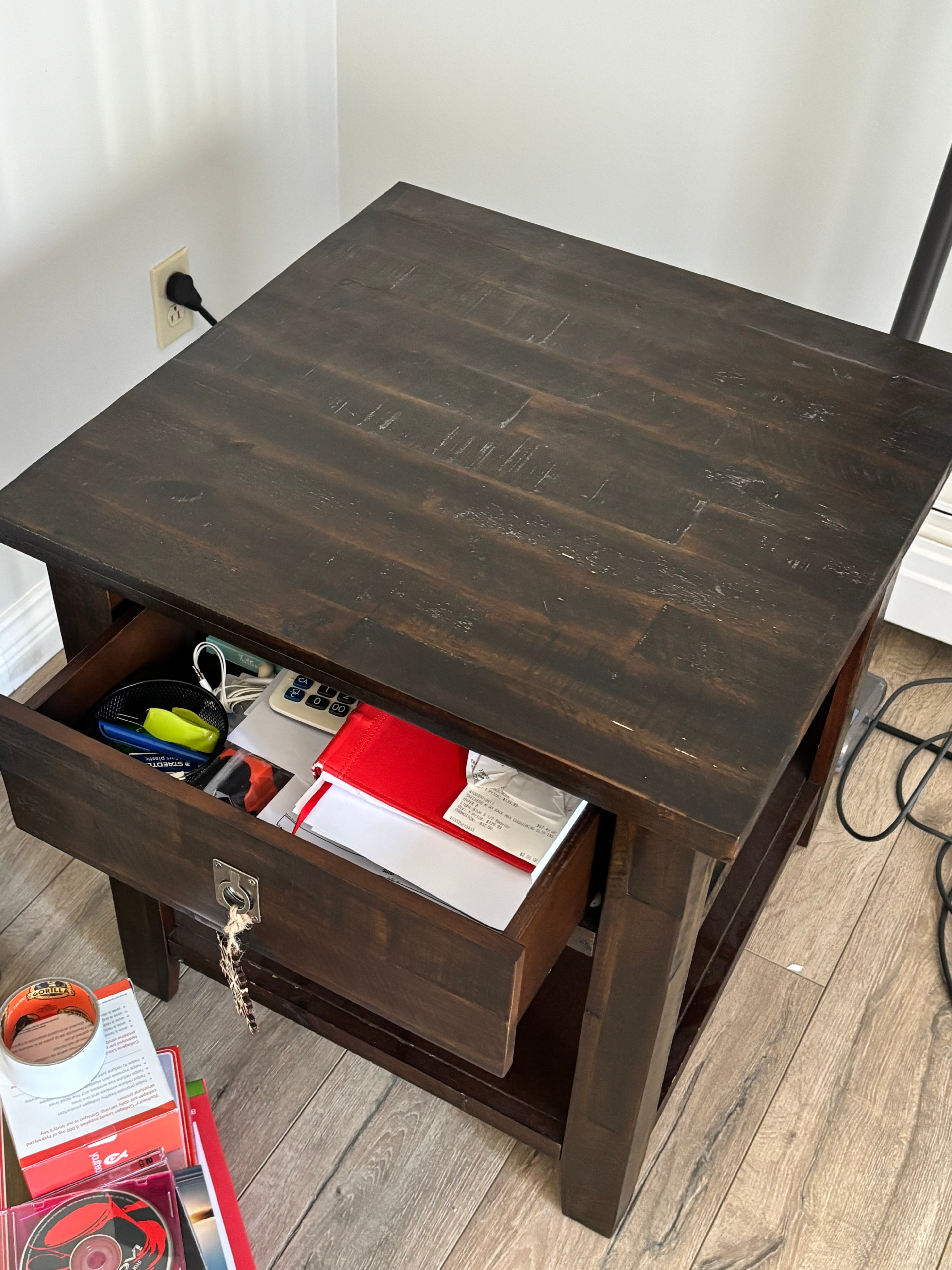 Solid Dark Wood End Table with Drawer