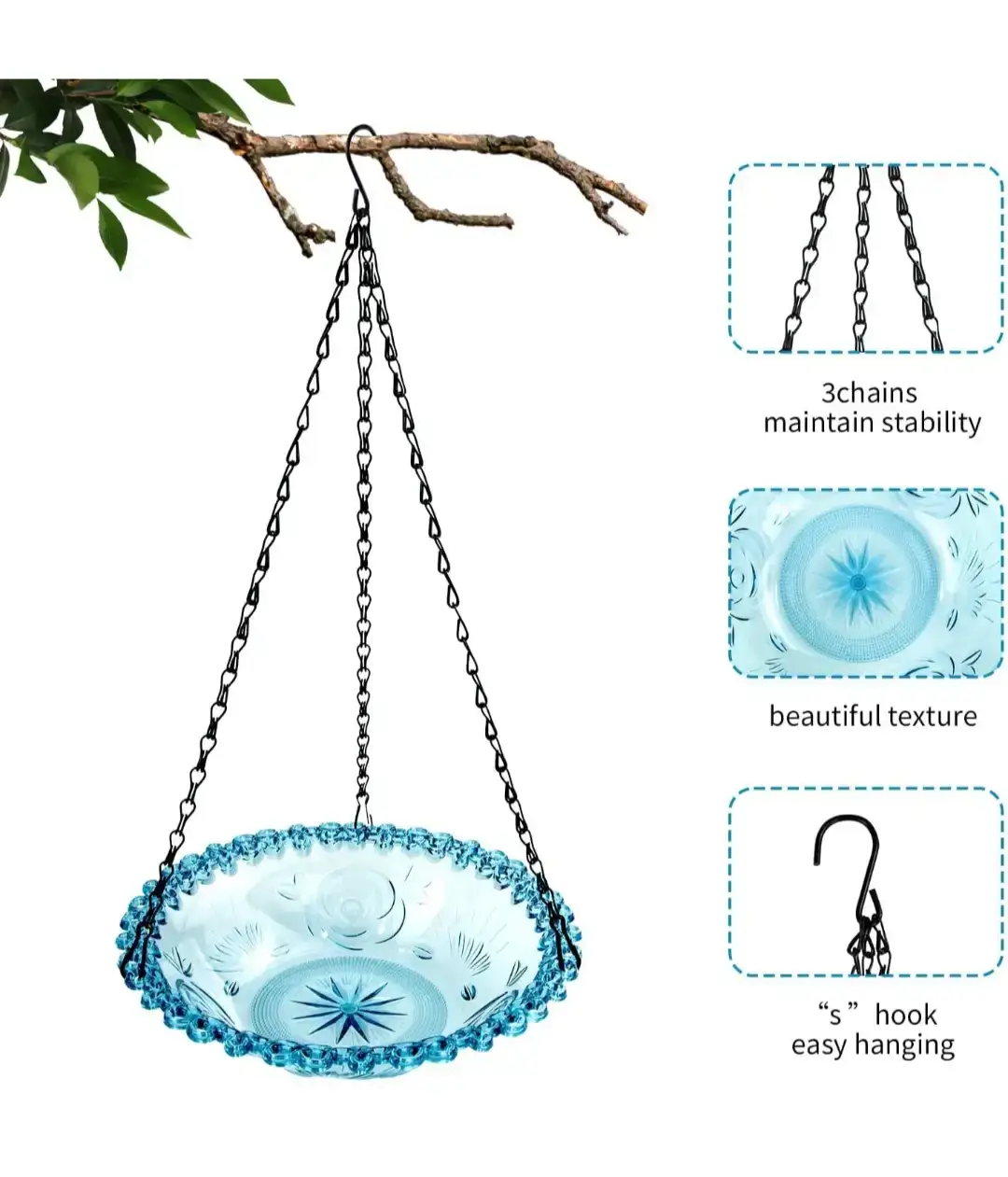 Bird Baths Hanging Outdoors Bird Water LightBlue 9.3inch - photo 3