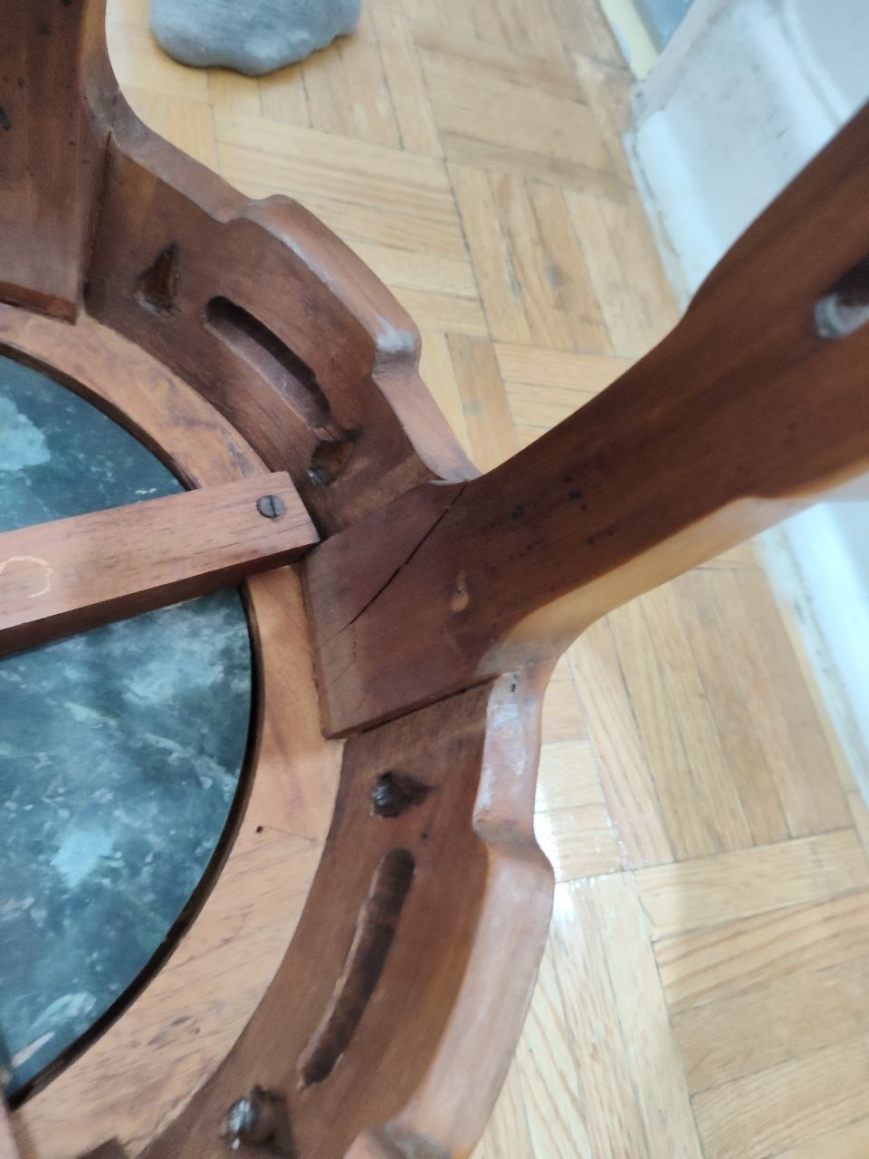Vintage Chinese Carved Hardwood Drum Stool with Green Marble Top - photo 5