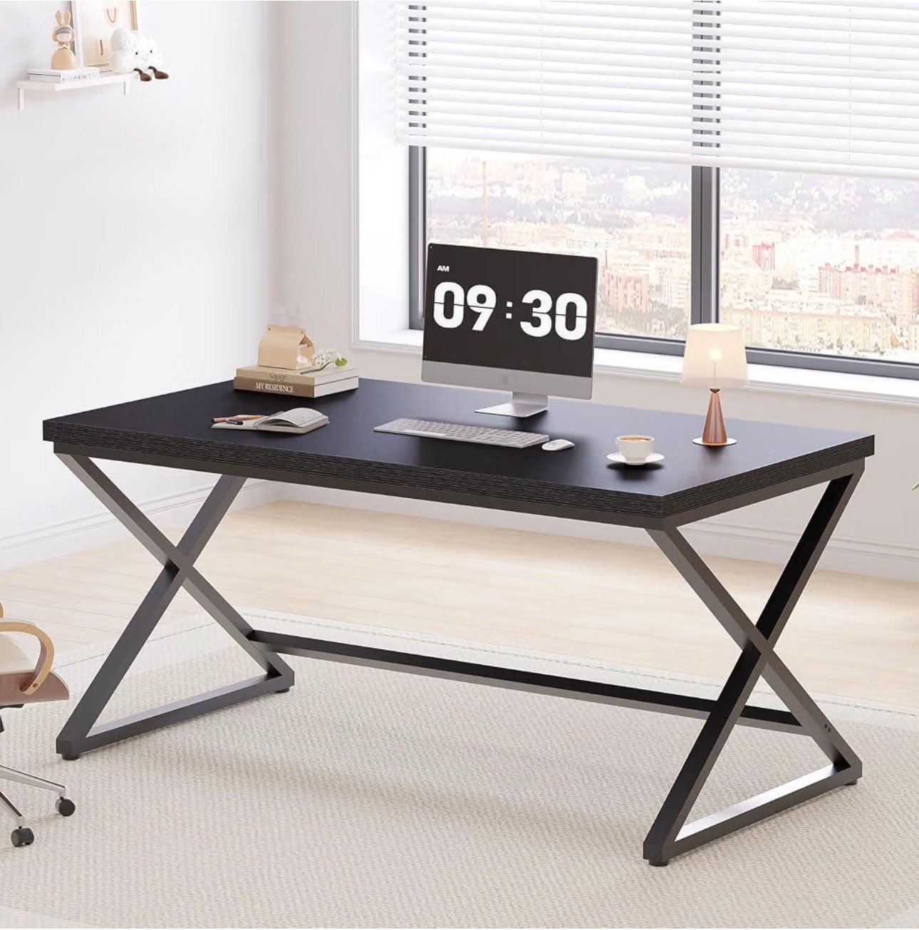 Black Modern Desk Wood Metal Workstation Black Oak, 55"