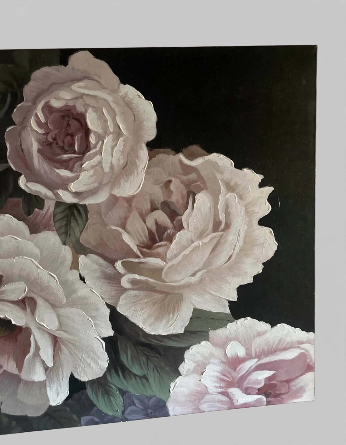Hand-Painted Floral Oil Canvas 36x48 White Roses Black - photo 3