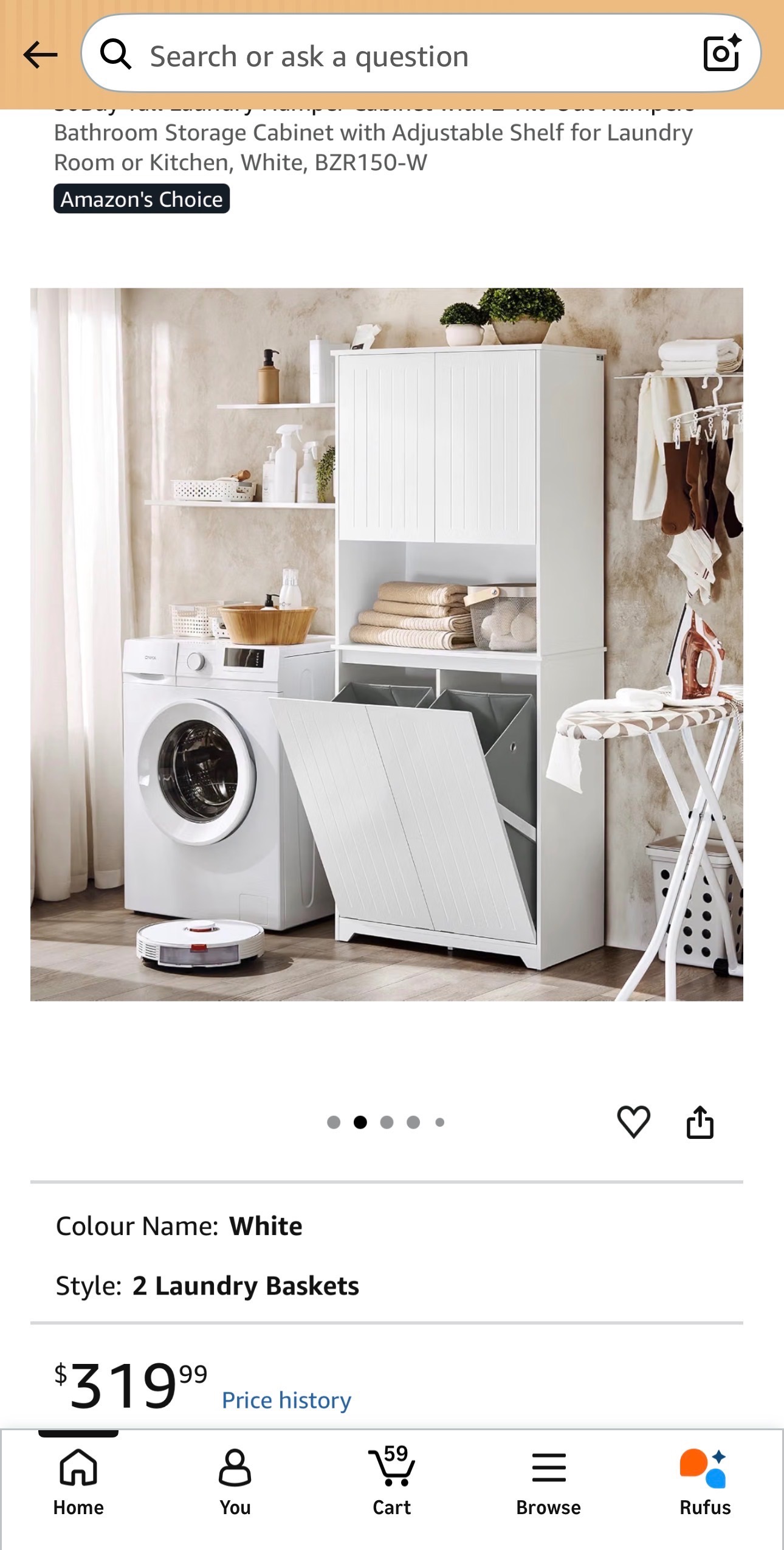 Tall Laundry Cabinet 2 Tilt-Out Hampers Adjustable Shelf