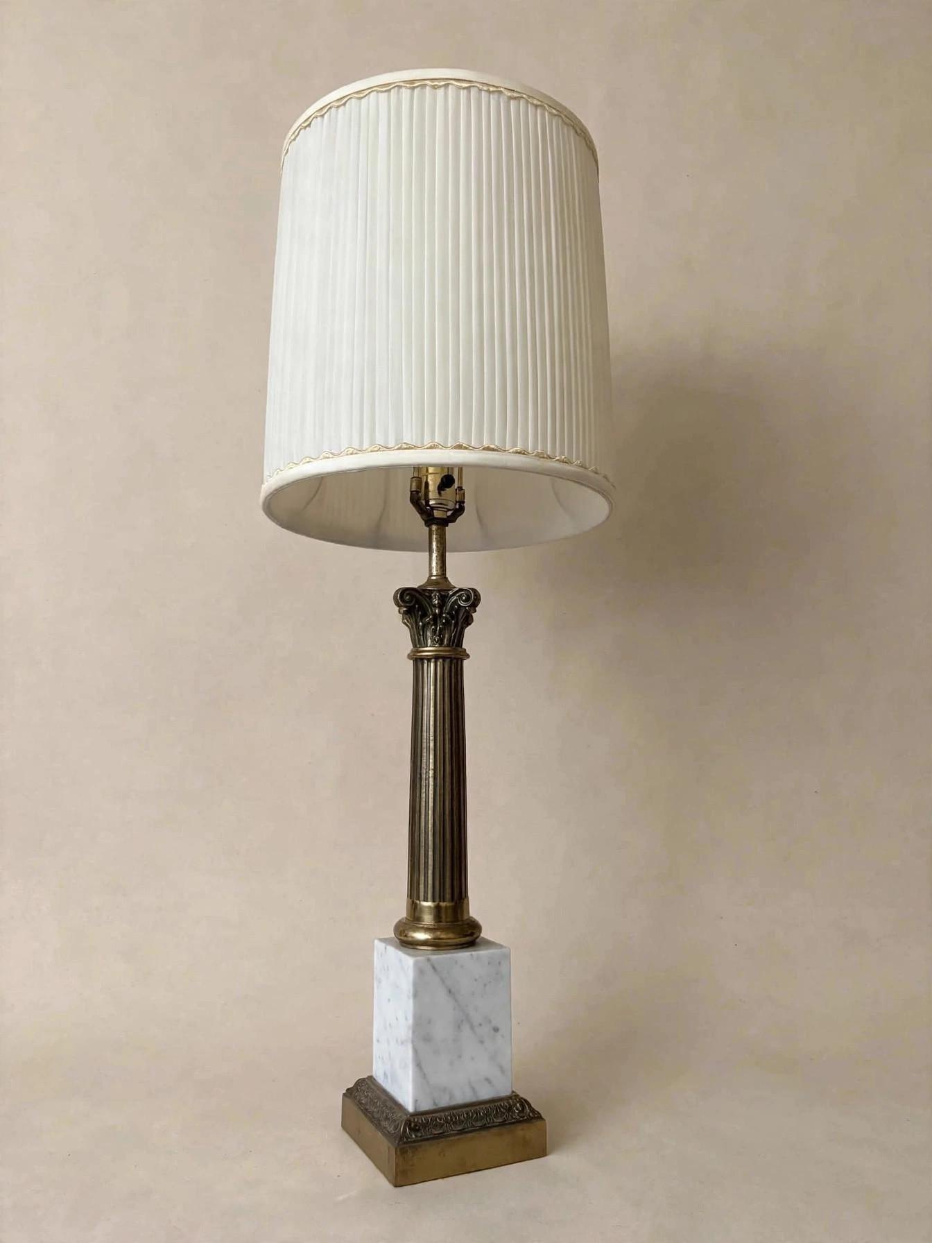 Hollywood Regency Brass Marble Column Table Lamp Pleated Shade - photo 2