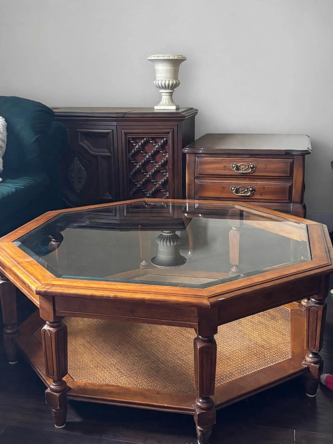 Pecan Wood Coffee Table Set With Glass Tops and 2 End Tables - photo 5