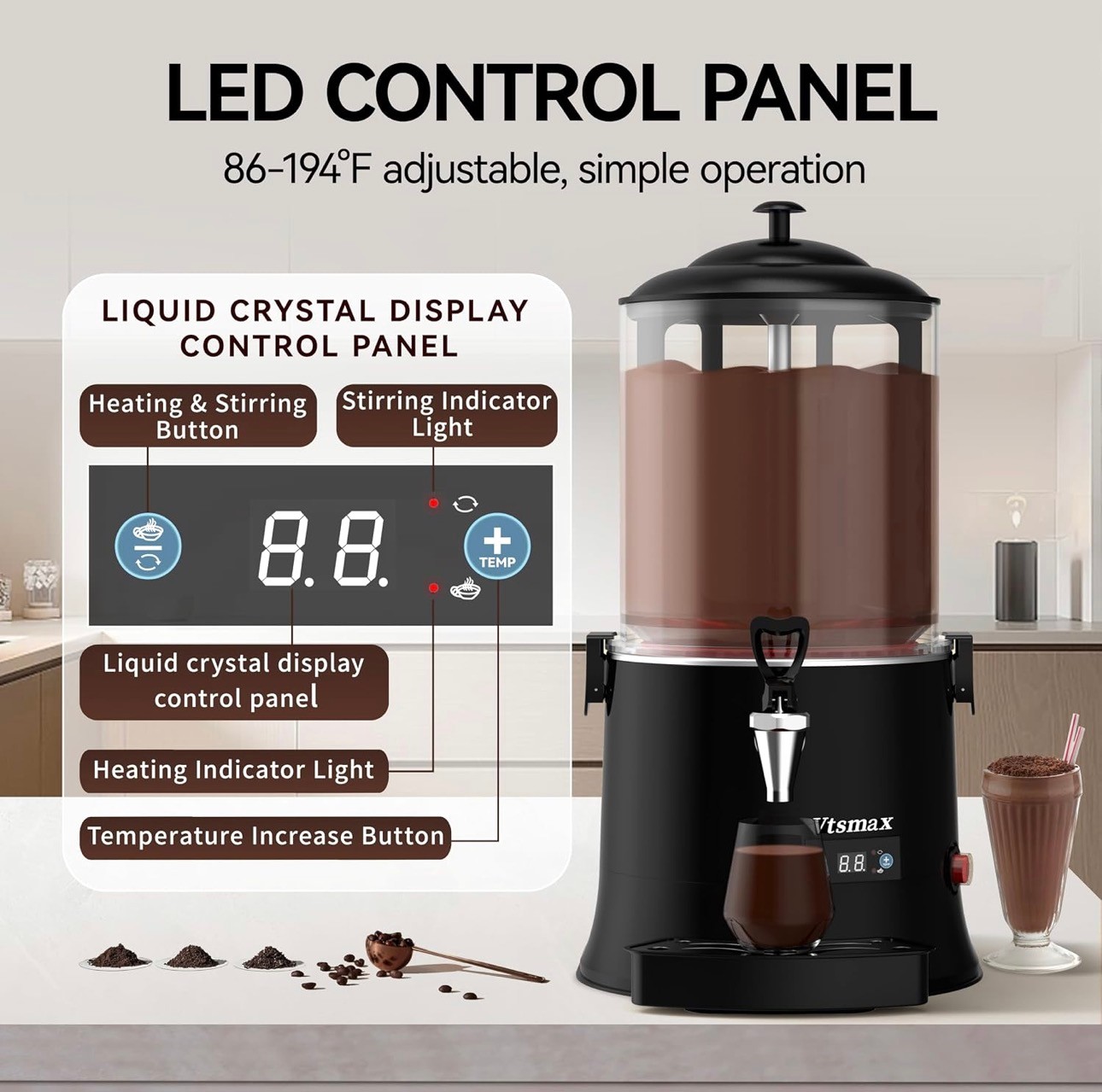 Commercial Hot Chocolate Machine 10L Beverage Dispenser Heat Adj - photo 3