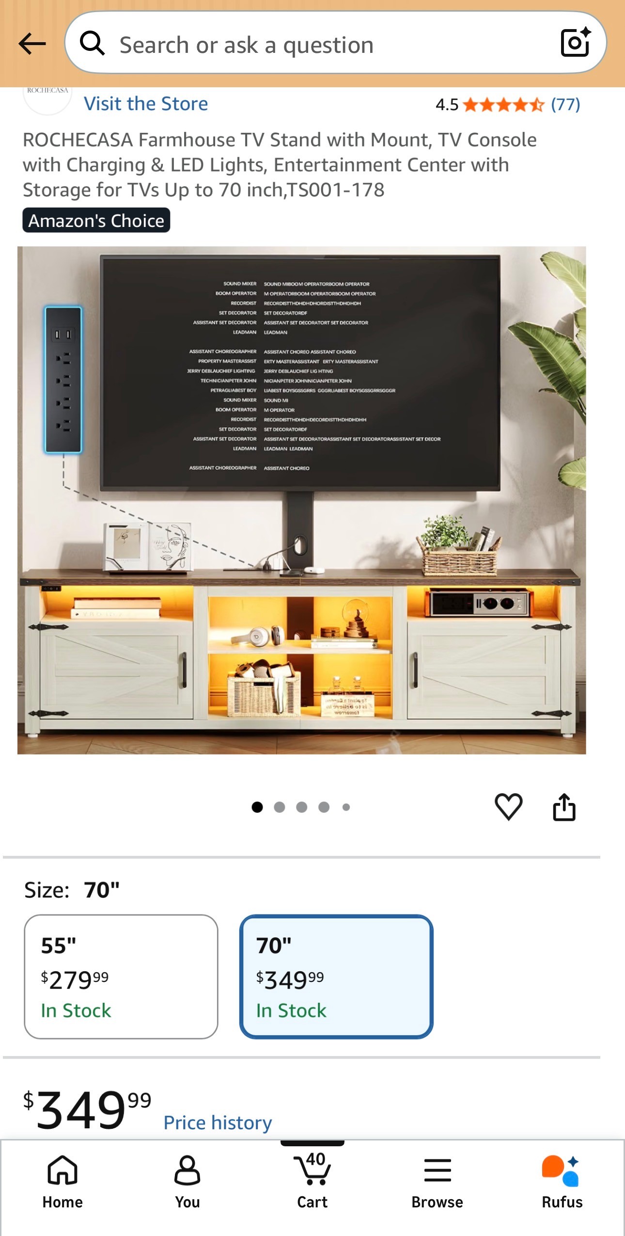 NEW: TV Stand with Mount Charging & LED Lights Storage Up to 70" - photo 2