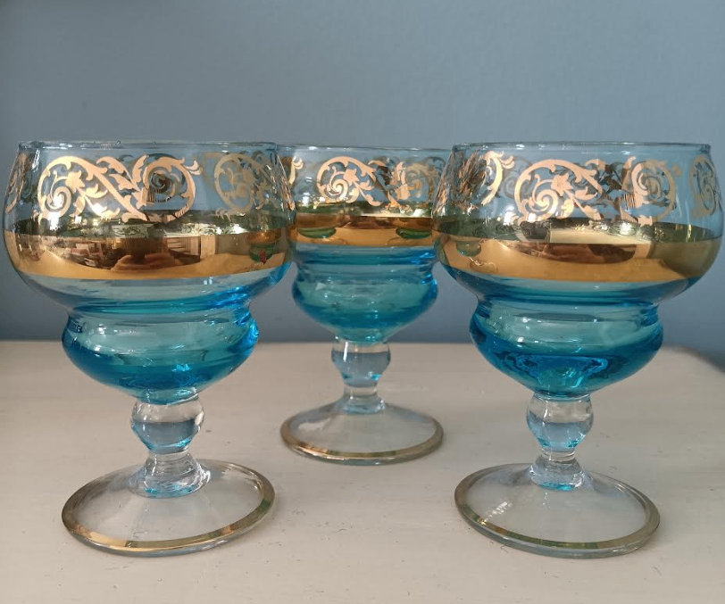 Trio of vintage stemmed liqueur cordial shot glasses
