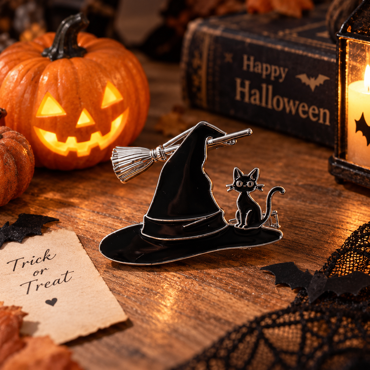 Halloween Witch Hat & Black Cat Hair Clips – Set of 2