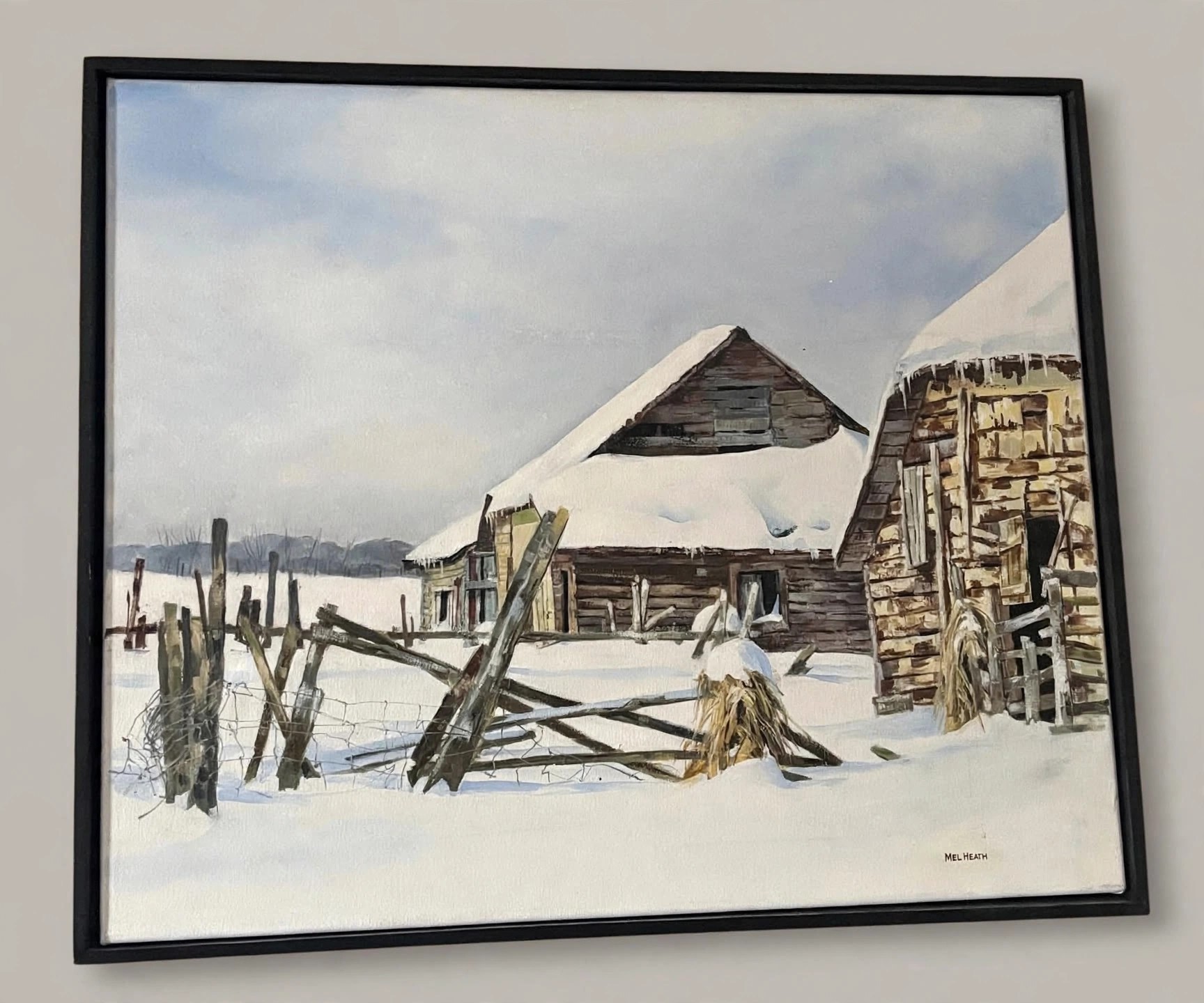 Mel Heath Original Winter Barn Painting, Signed Framed 25x21