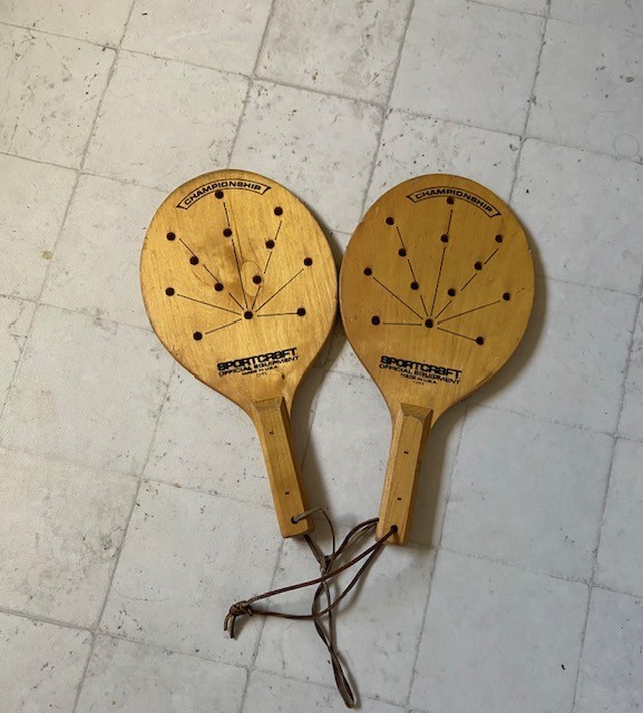 Vintage 1970s Wooden Sportcraft Pickleball paddle set 13195