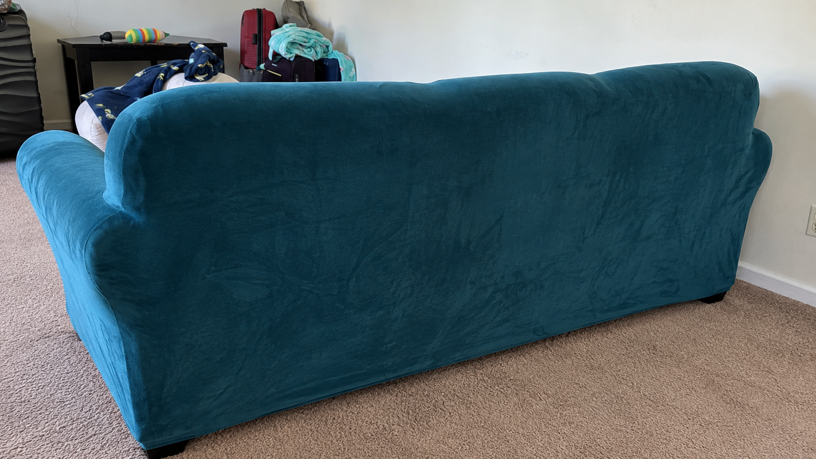 3-Seater Brown Fabric Sofa + Custom Plush Teal Velvet Slipcover - photo 3