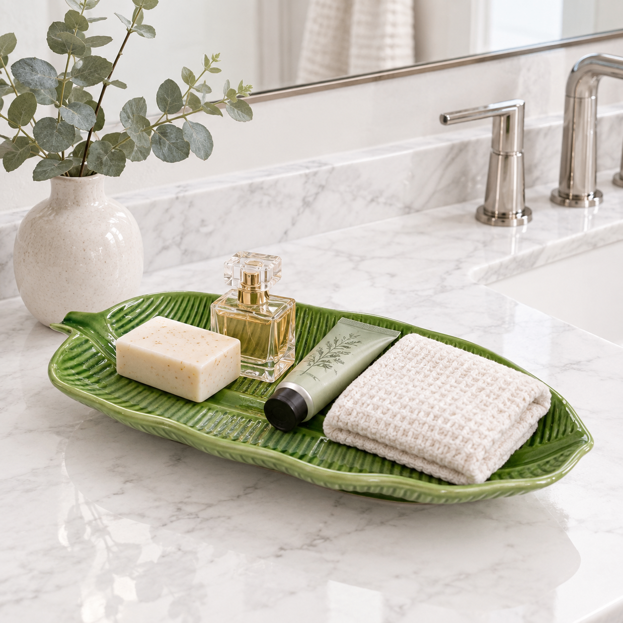 Green Banana Leaf Ceramic Tray / Serving Platter / Catchall Dish