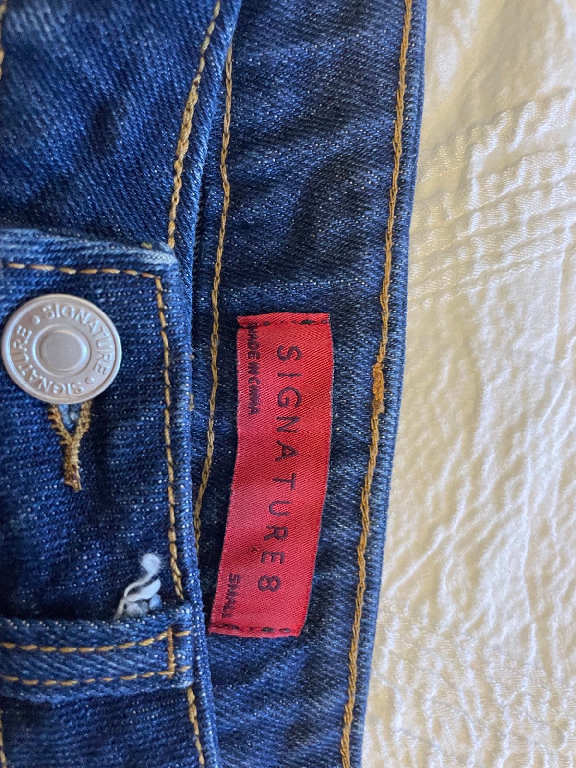 Dark wash denim mini skirt, rainbow trim (S) — The Junction - photo 3