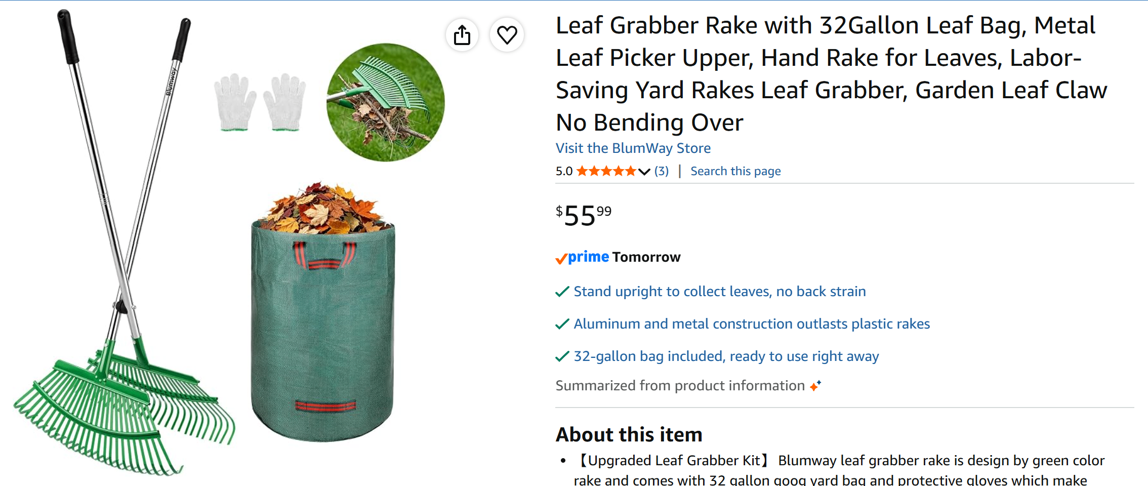 Leaf Grabber Rake and 32-Gallon Yard Waste Bag - photo 3