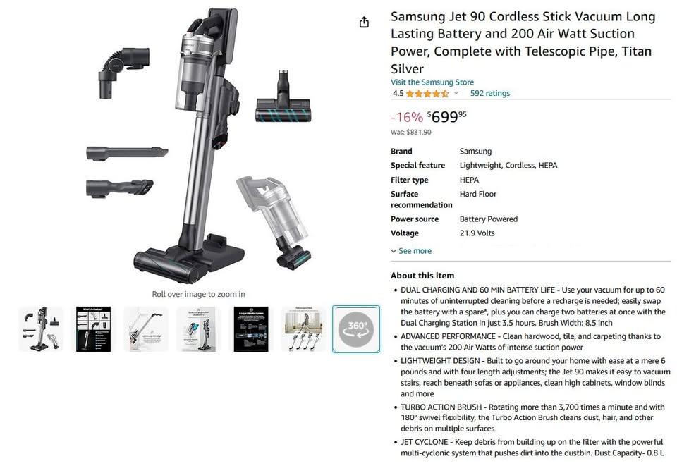 Samsung Jet Cordless Stick Vacuum, 2 batteries