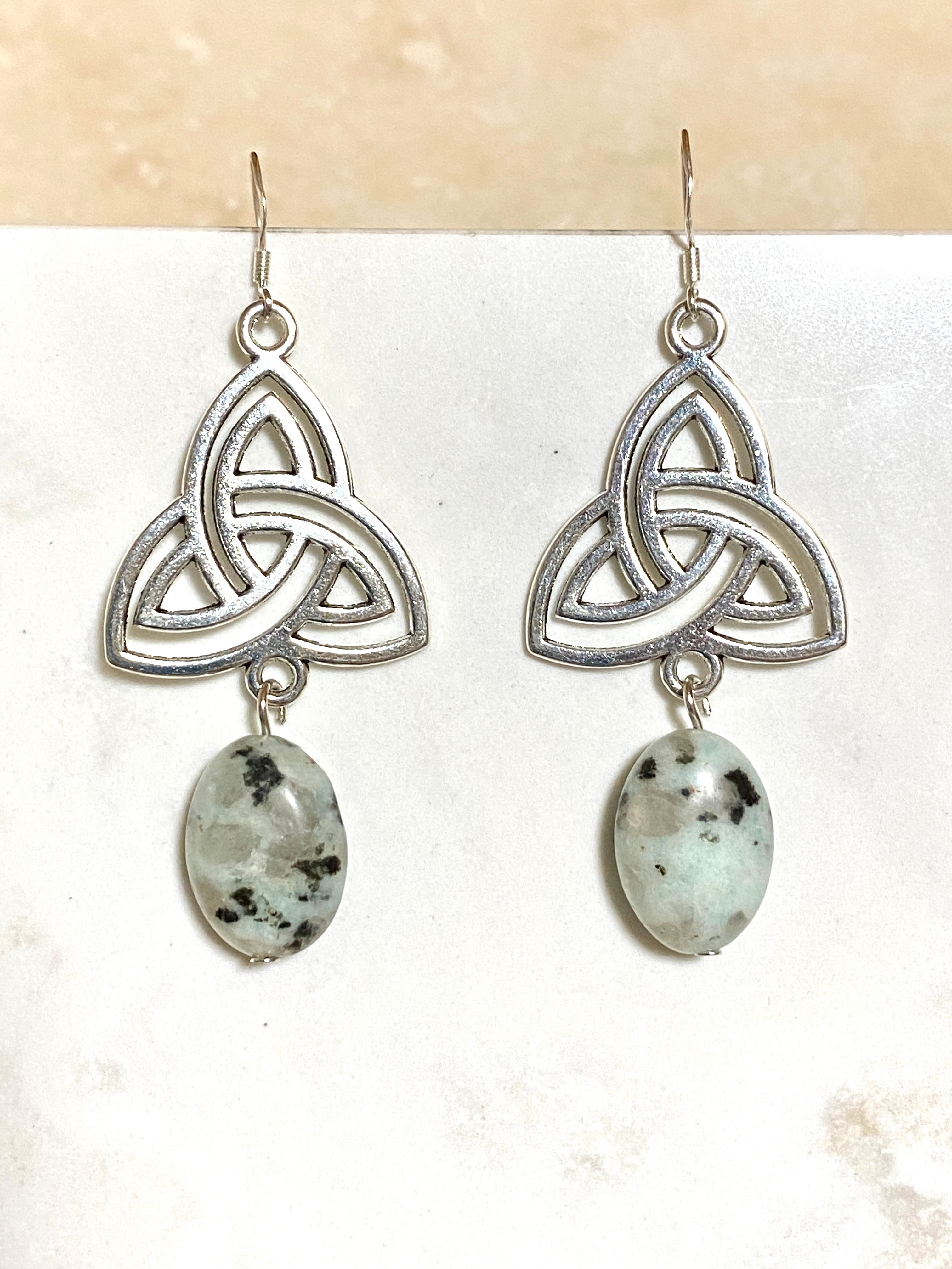 Light Teal Kiwi Jasper Triqueta Earrings, Sterling Silver Hook