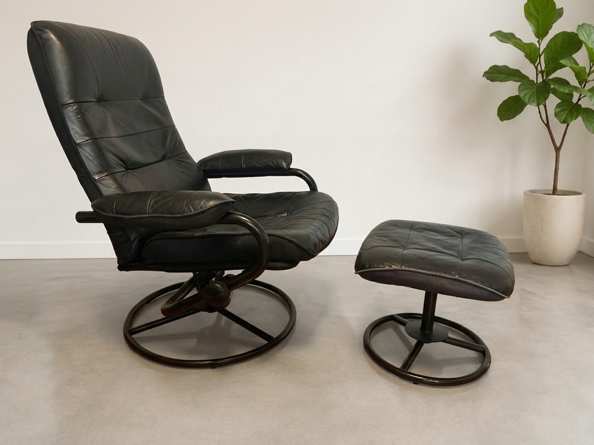 1999 IKEA Malung Leather Swivel Recliner & Ottoman