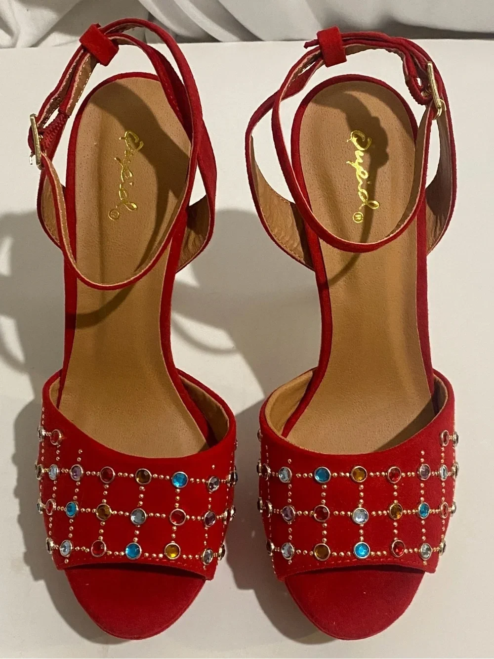 Qupid Women's 8.5 Red Rhinestone Studded Platform Heels