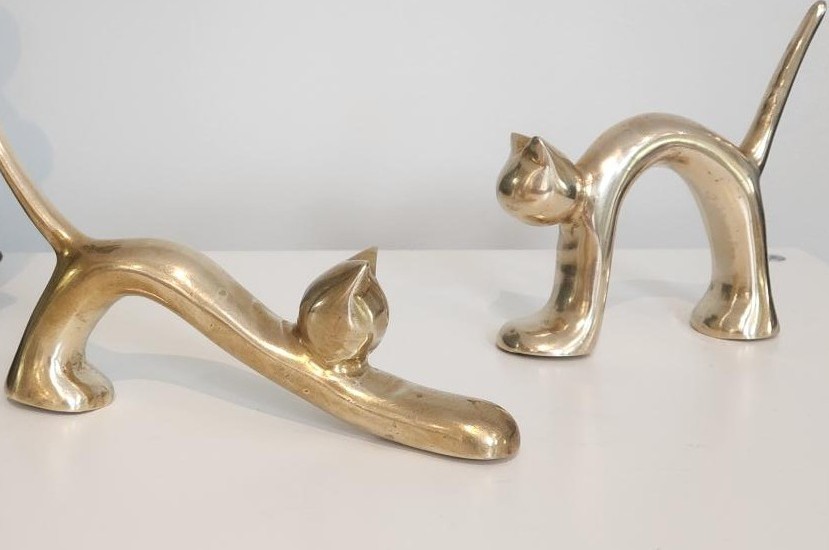 Pair of Vintage Solid Brass Cats, Stretching and Playing