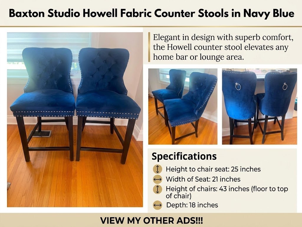 Baxton Studio Howell Fabric Counter Stools in Navy Blue