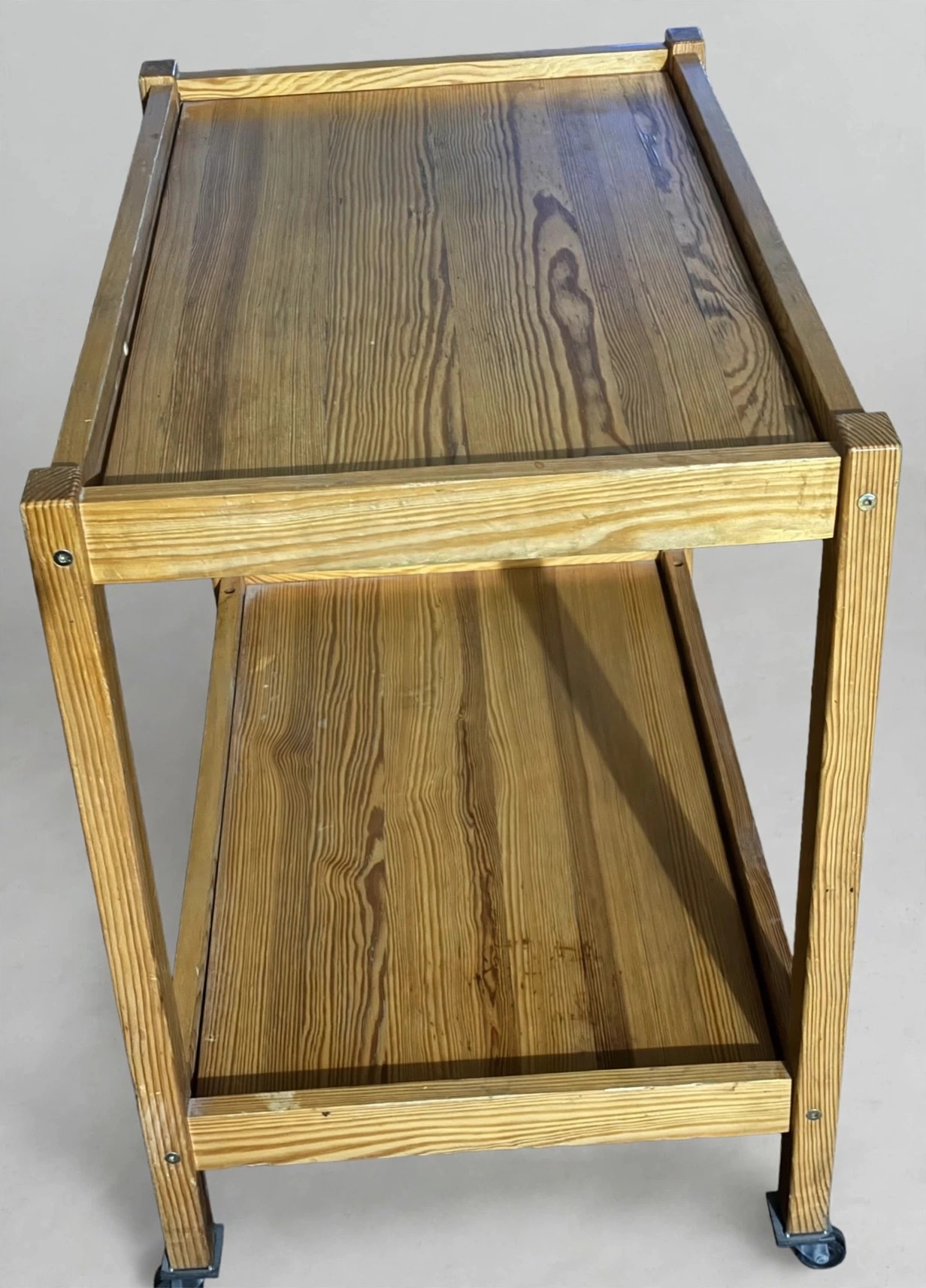 Vintage 70s Solid Pine Two-Tier Rolling Utility Cart on Casters - photo 2